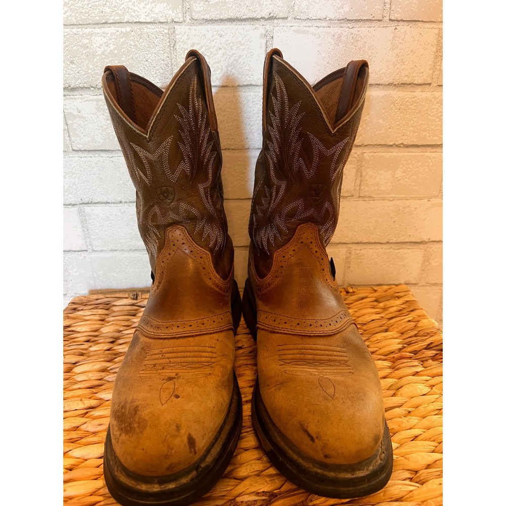 Ariat Mens Brown Work Hog Boots Round Toe Work Boots Stitch Detail